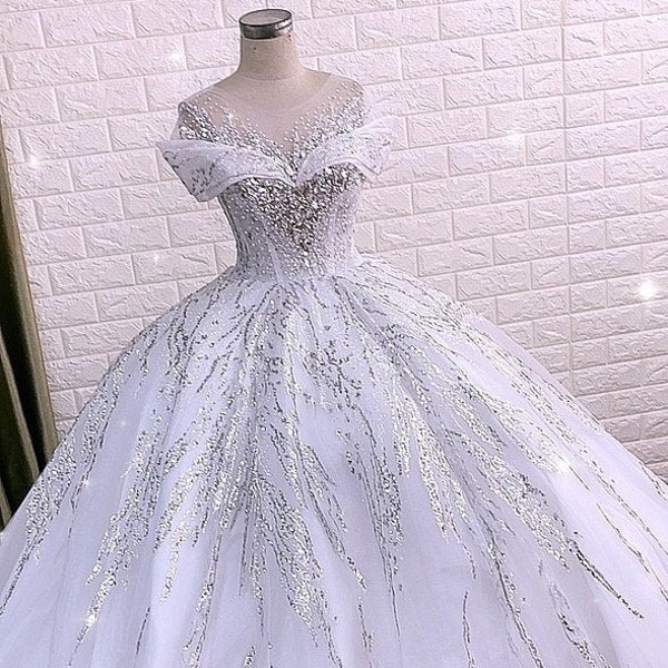 Luxurious white queen style sleeves beaded crystals sparkle ball gown wedding dress with glitter tulle - various styles