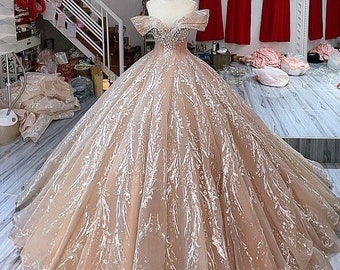 Spectacular pink beaded sparkle ball gown queen style sleeves wedding dress with glitter tulle - various styles