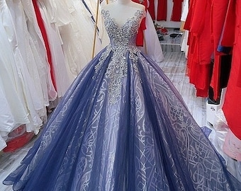 Royal/cobalt blue dark navy sparkly off the shoulder cap sleeves ball gown wedding/prom dress with glitter tulle