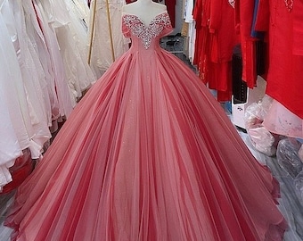 Shades of red - Light, Dark or ombre red sparkle ball gown wedding dress with glitter tulle and train - various styles