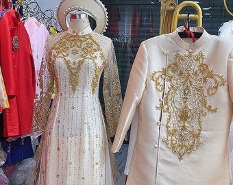 Gold/ivory Vietnamese Wedding Ao Dai with sparkly beadings or glitter tulle - optional head piece - various styles