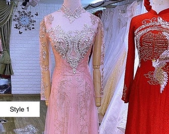 Rose gold or light pink traditional Vietnamese Wedding Bridal Ao Dai with glitter or floral lace - various styles