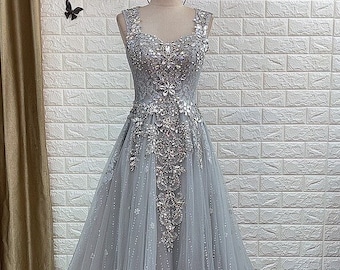 Ornate grey sparkle beaded crystals A-line wedding/prom dress - various styles