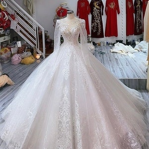 Luminous Princess White Sparkle Beaded Lace Bodice Long Sleeves Wedding ...