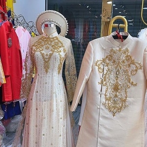 Gold/ivory Vietnamese Wedding Ao Dai with sparkly beadings or glitter tulle - optional head piece - various styles