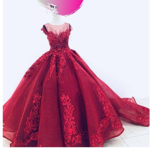 Enchanting red rose floral lace applique beaded princess wedding ball gown dress with chapel train