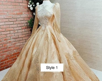 Gold beaded long or cap sleeves sparkle ball gown wedding dress with glitter tulle - various styles