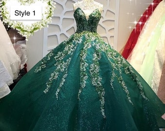 Shades of green - off the shoulder or flutter sleeves beaded ball gown wedding/prom dress with glitter tulle - various styles