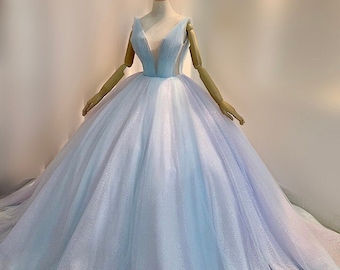 Unique pastel purple sparkle ball gown wedding/prom dress with glitter tulle and court train
