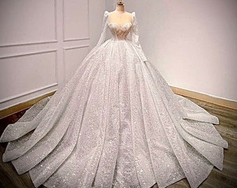 Long sleeves sparkle white ball gown wedding dress with glitter tulle and train - various styles