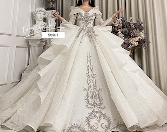 Deluxe sparkle beaded long sleeves white ballgown wedding dress with tiered skirt and glitter tulle - various styles