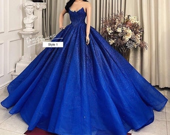 Beauty pageant queen blue cap sleeves or off the shoulder ballgown wedding/prom dress with glitter tulle - various styles