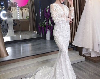 Luxury glamorous long-sleeve beaded crystals sheath wedding/evening dress