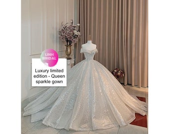 Limited edition - Luxury - Queen sparkle off the shoulder white ball gown wedding dress with cathedral and sequin sparkly tulle