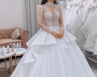Crew neck princess white sparkly long sleeves wedding dress with tiered skirt and glitter tulle - various styles