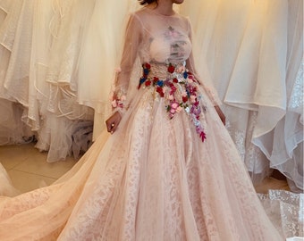 Vintage sweet pink lace long sleeves or cap sleeves ball gown wedding/prom dress with multi-colored flowers or beadings