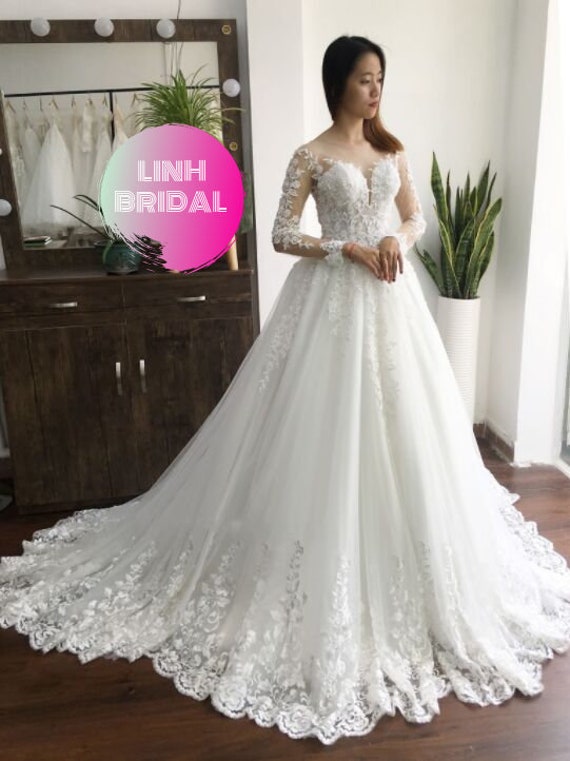 Classic Princess Long Sleeve Floral Lace White Wedding Ball Etsy