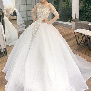 Royal long sleeves sparkly beaded crystals rhinestones bodice crew neck white ballgown wedding dress with glitter tulle various styles image 9