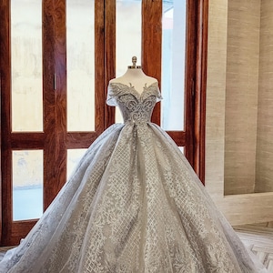 Modern Sparkly Grey/silver Long or Cap Sleeves Ball Gown Wedding/prom ...