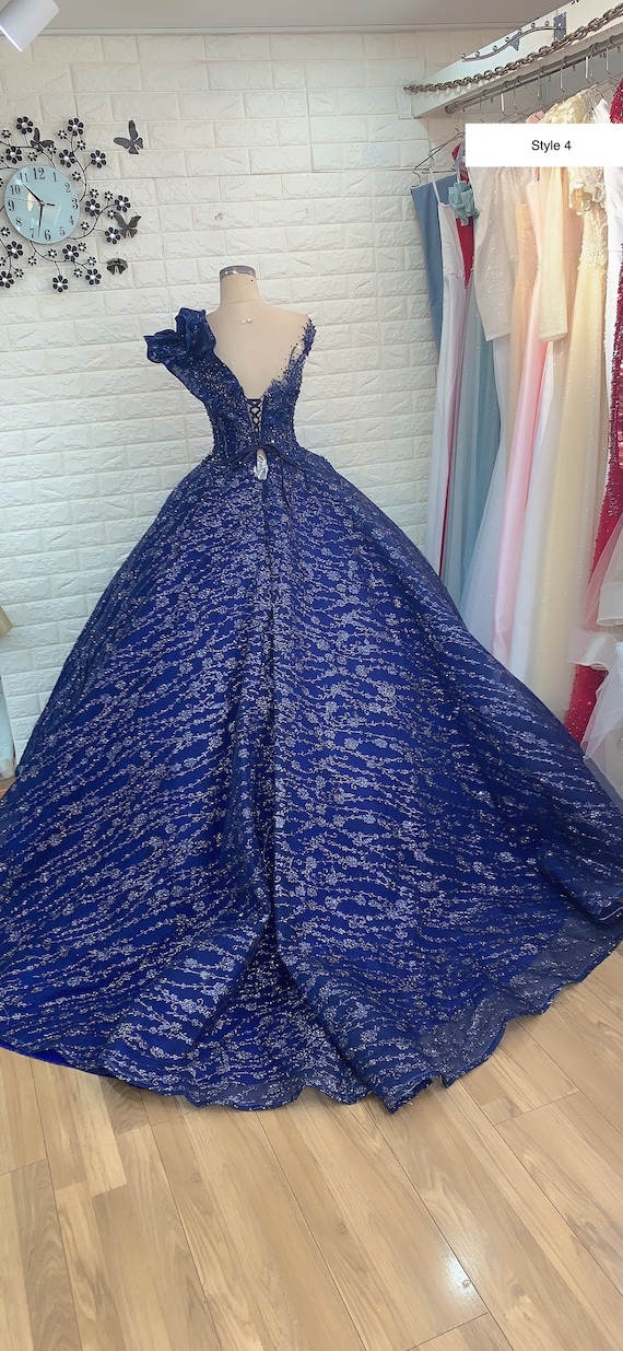 Royal Blue Prom Dresses V-neck Spaghetti Straps Lace up Back