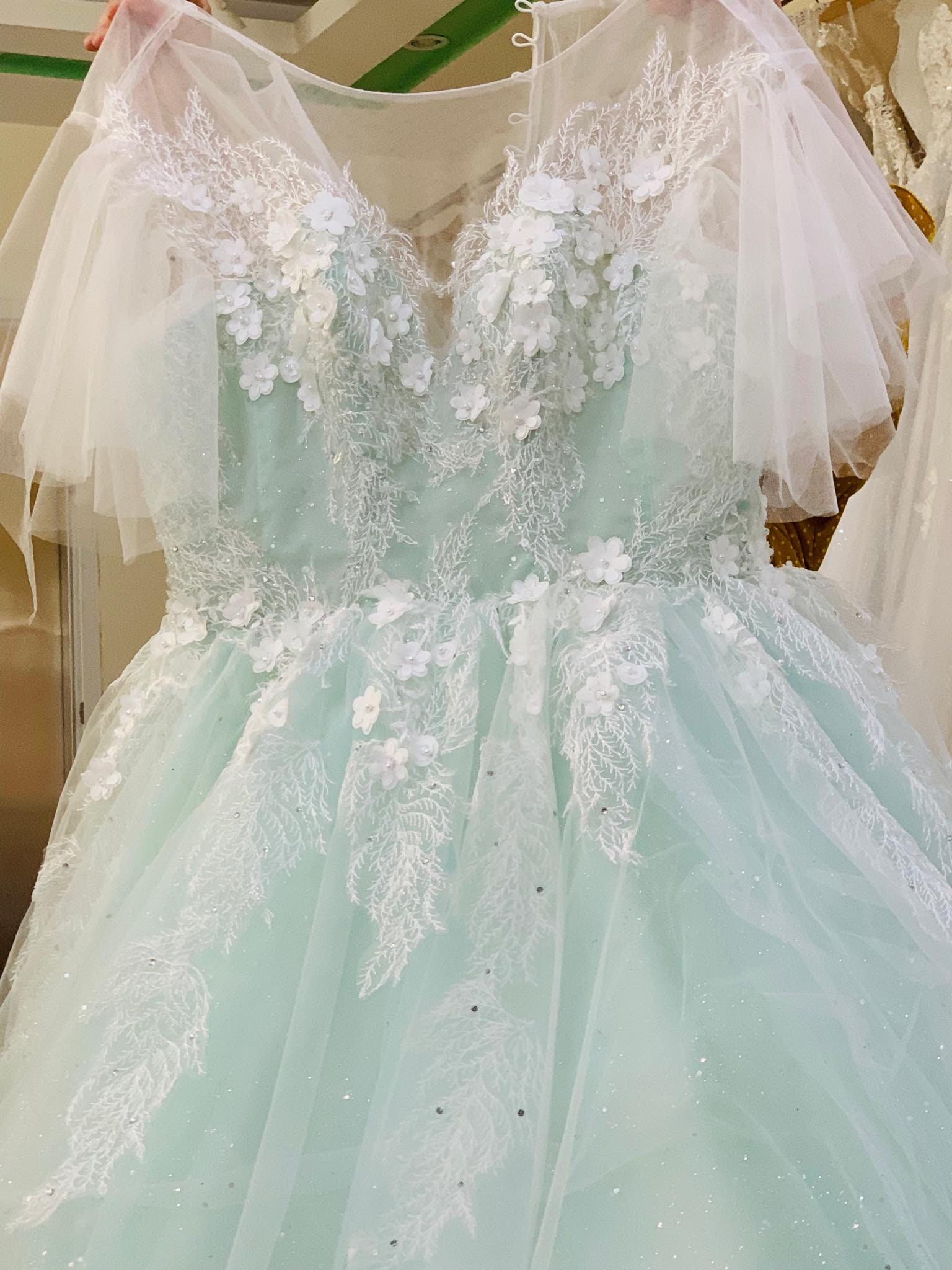 Mint green light green designer dress wedding gown, Women's Fashion, Dresses  & Sets, Evening Dresses & Gowns on Carousell