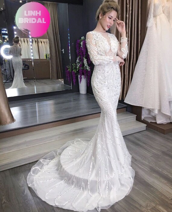 Luxury Glamorous Long sleeve Beaded Crystals Sheath Wedding evening Dress Etsy