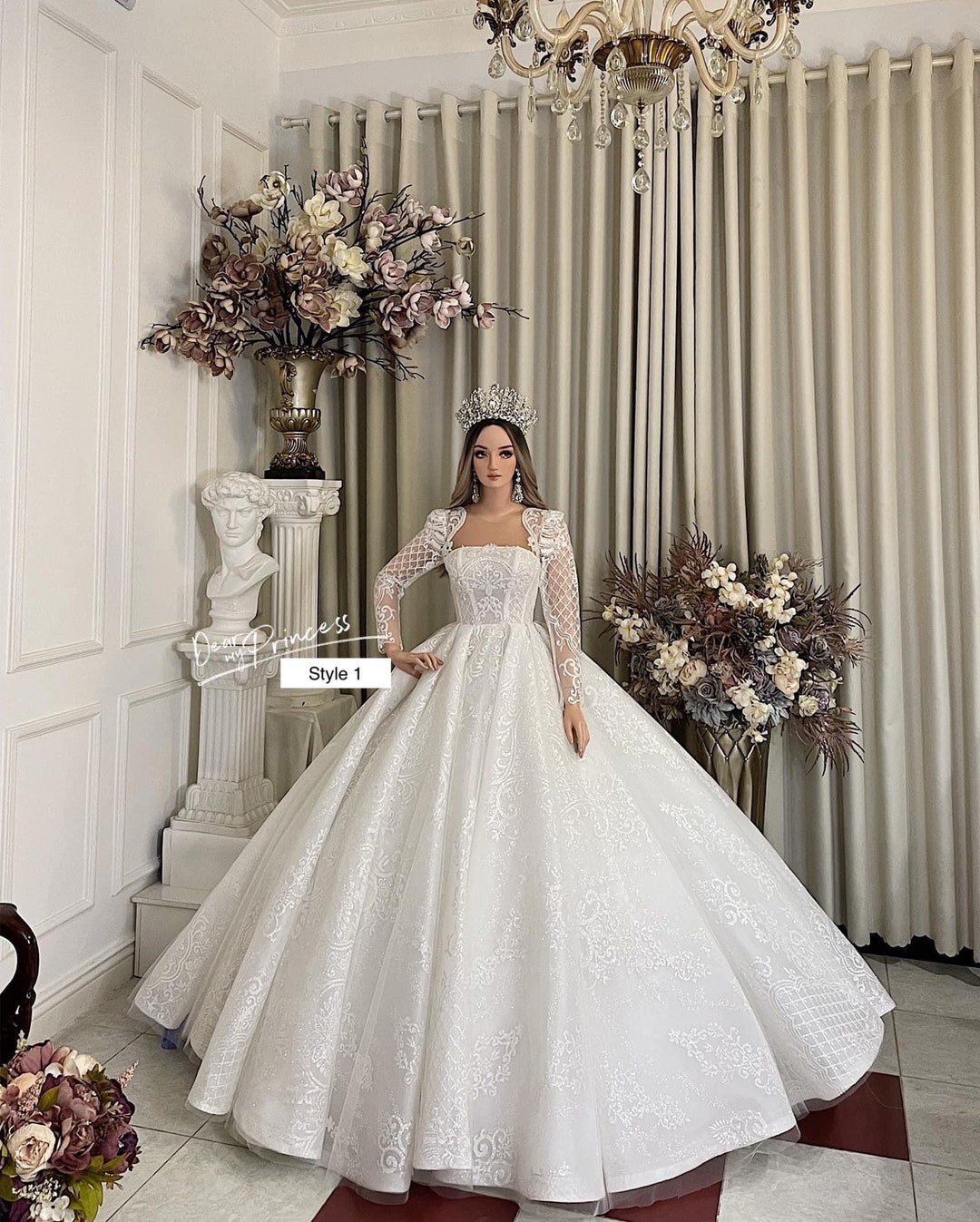 Luxury Princess long sleeve Glitter and Lace fully Beaded Ball Gown –  Sandra's Bridal Collection