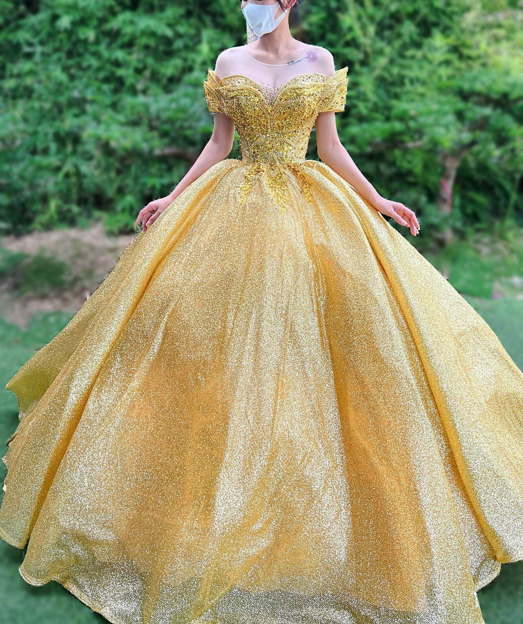 Light yellow or gold sparkle beaded lace applique ballgown wedding dress with glitter tulle various styles
