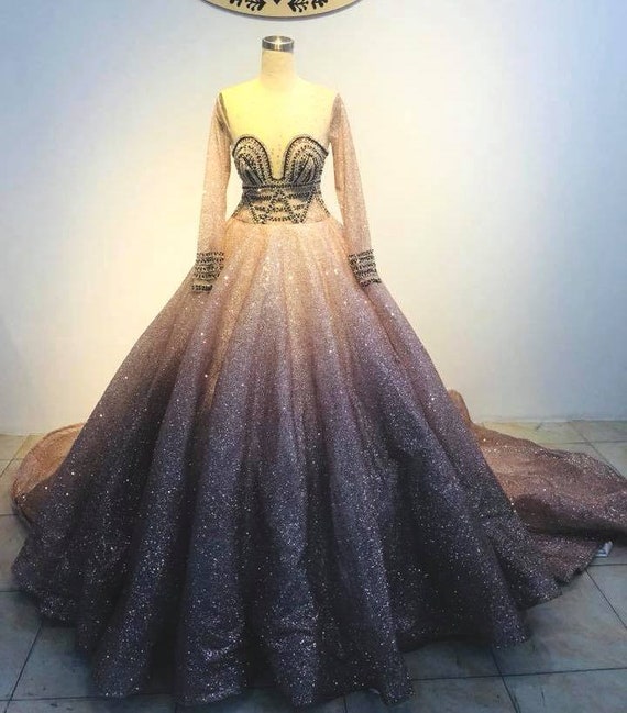 Ombre Unique Princess Long Sleeves Beaded Sparkle Ball Gown Etsy