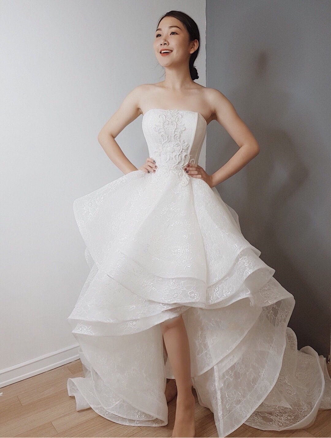 High low off the shoulder wedding dress hot sale