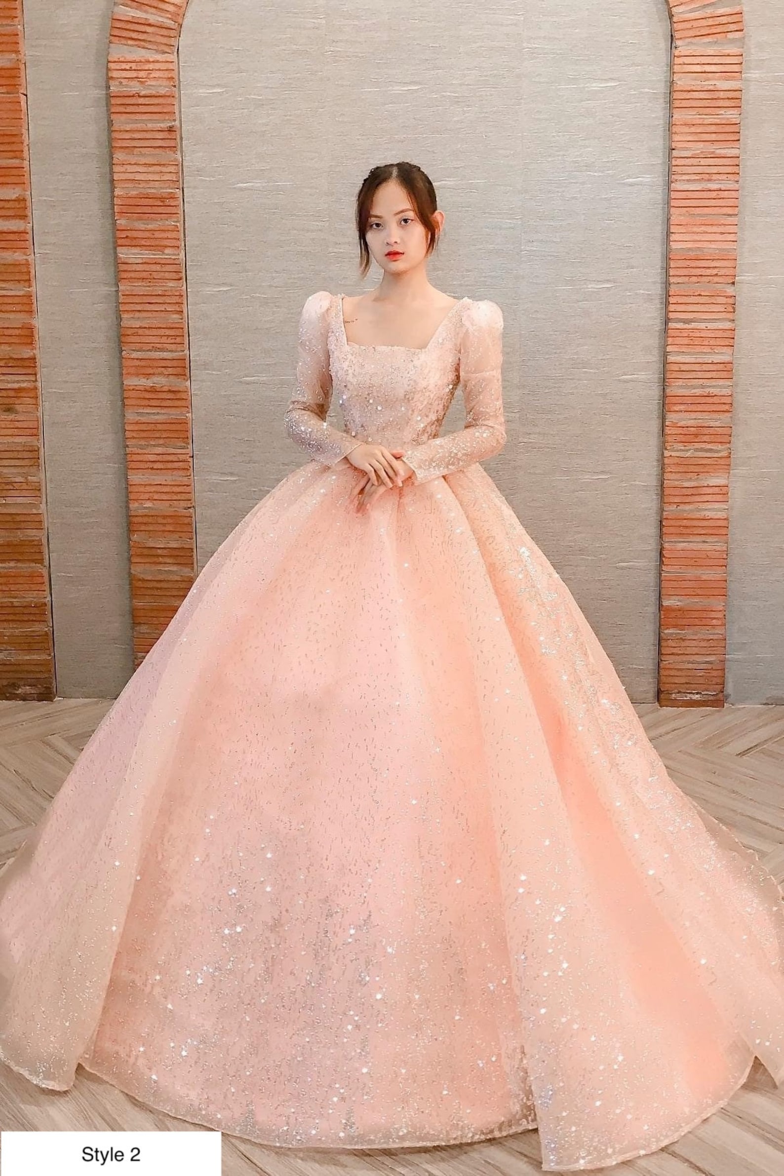 pink evening gown with sleeves