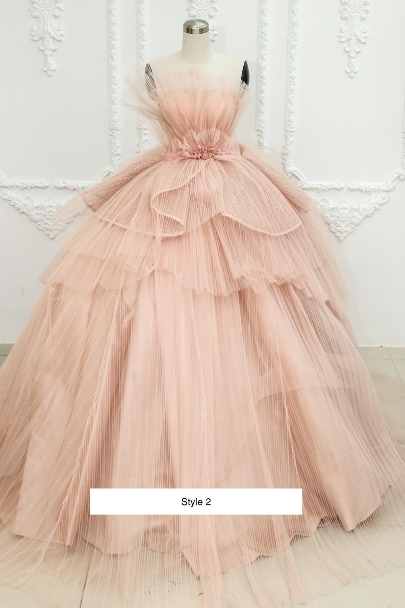 Princess pink off the shoulder ballgown wedding/prom dress with tiered skirt and train various styles image 4