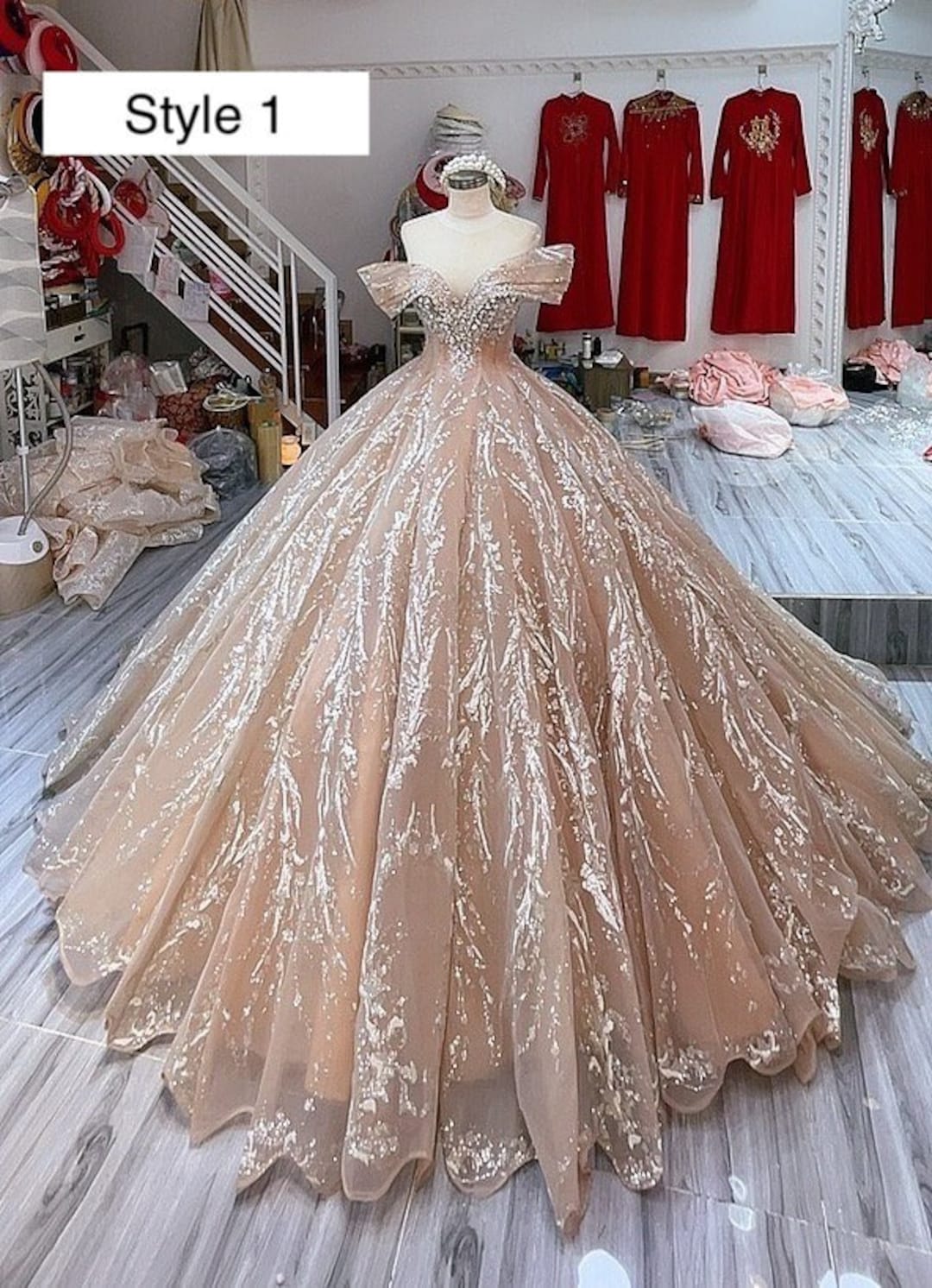 Sweet or dusty pink sparkle drop sleeves beaded lace ball gown
