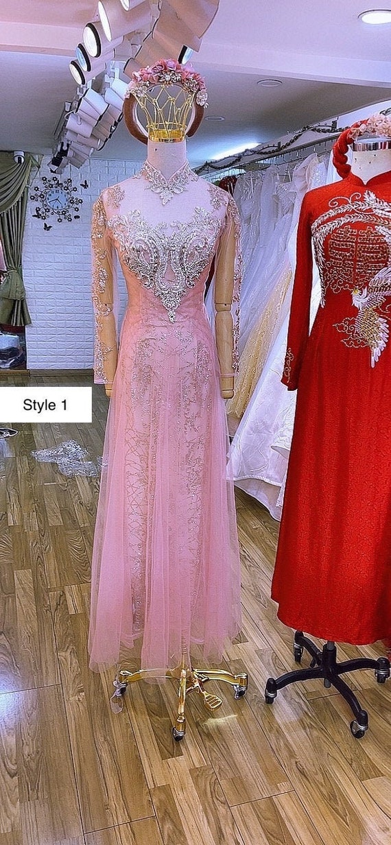 Rose Gold or Light Pink Traditional Vietnamese Wedding Bridal Ao Dai With  Glitter or Floral Lace Various Styles - Etsy