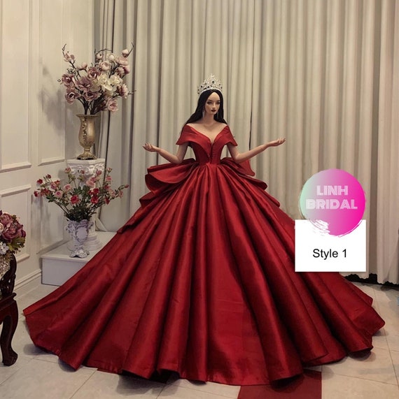 Vintage Ball Gown Long Sleeves Satin Wine Red Wedding Dress with Lace  WD10609 | Vintage ball gowns, Ball gowns, Red wedding dress