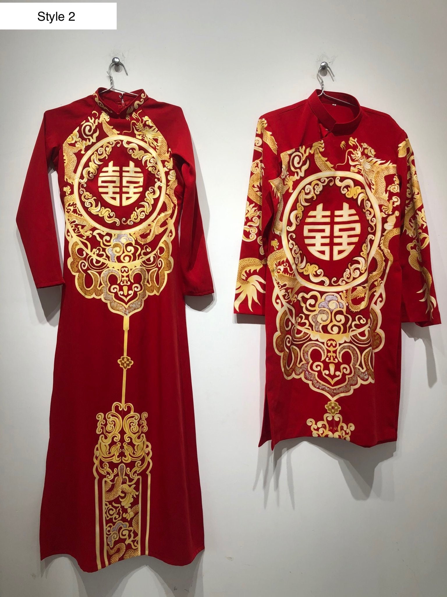 Traditional Vietnamese Wedding Ao Dai in red with gold printed patterns  dragons/phoenix - optional head piece - couple or single