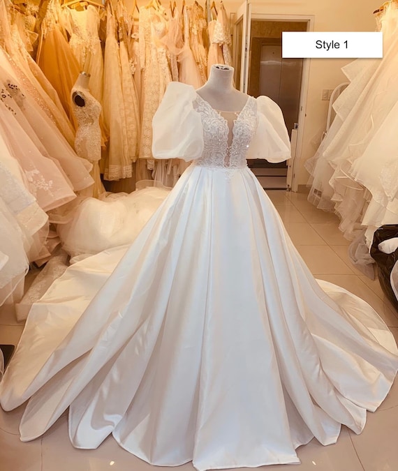 Classy Long or Short Sleeves White Satin Ball Gown Wedding Dress With Lace Applique Bodice Various Styles Etsy