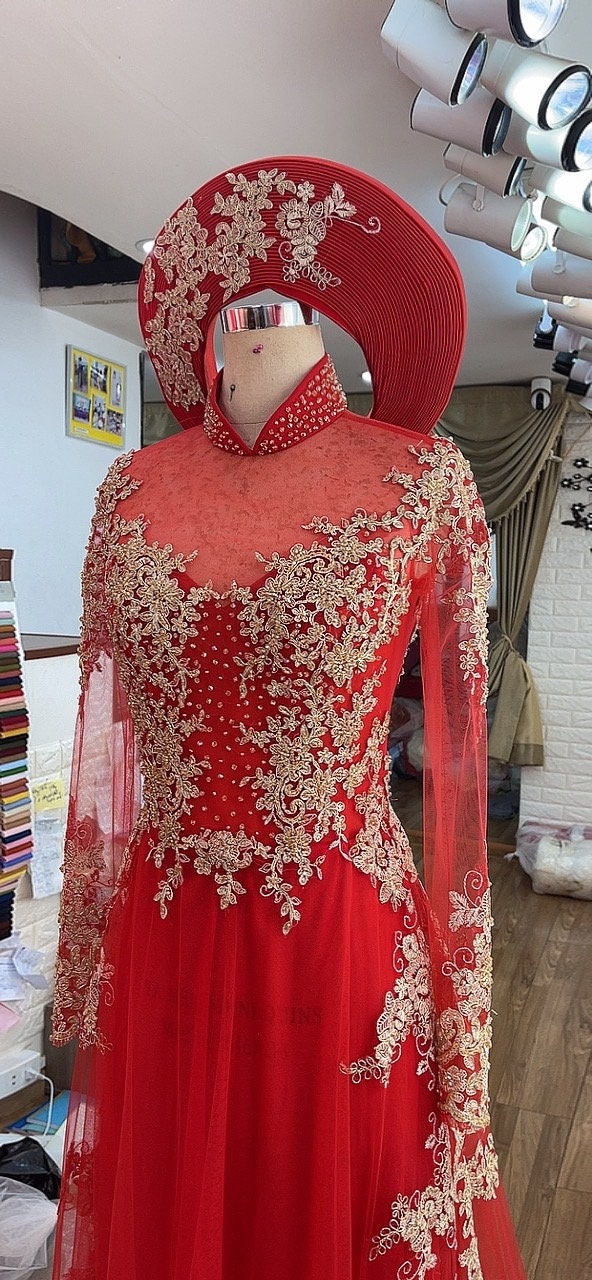 Beautiful Traditional Vietnamese Wedding Ao Dai in red with gold/red lace,  beadings & train - optional head piece - various styles