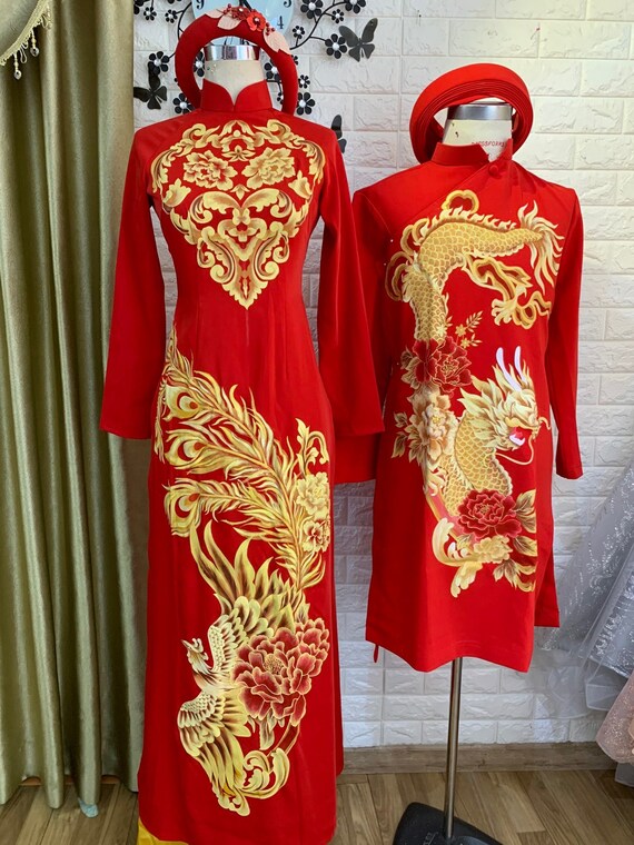 Traditional Vietnamese Wedding Ao Dai in red with gold printed patterns  dragons/phoenix - optional head piece - couple or single