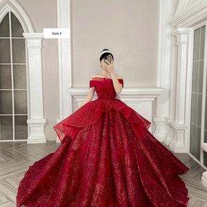 Flame Red Princess Sparkle Ball Gown Wedding Dress With Tiered Skirt ...