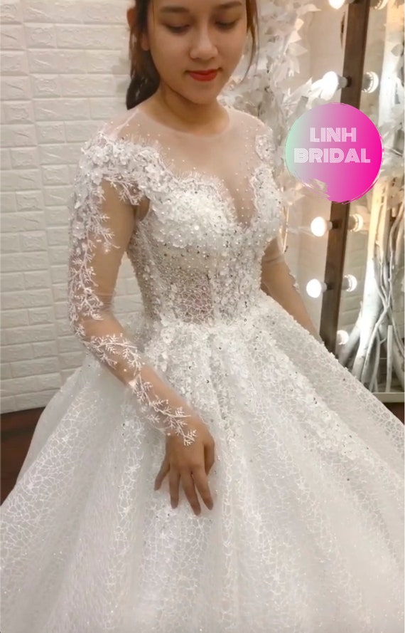 Premium Long Sleeve 3d Floral Lace Applique Sparkle White Etsy