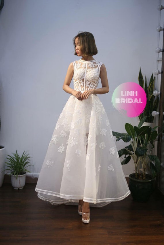Ankle Length High Low Sleeveless White Floral Lace Wedding Etsy