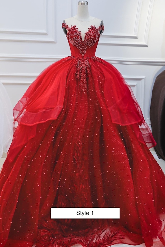 Gorgeous lace applique long sleeves floral red ball gown wedding dress with  court train