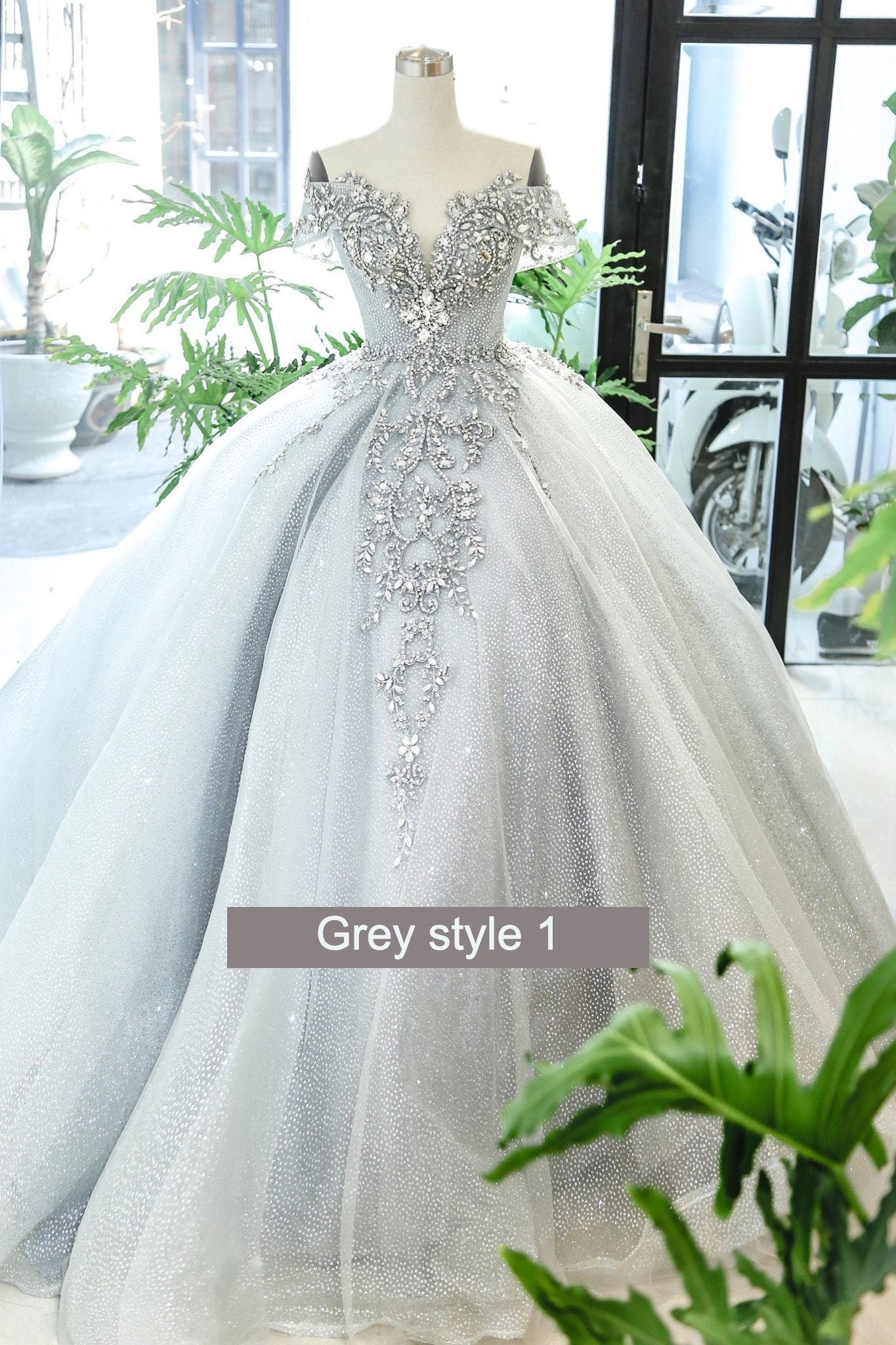 Light Grey Prom Dress Off The Shoulder Ball Gown Wedding Dress