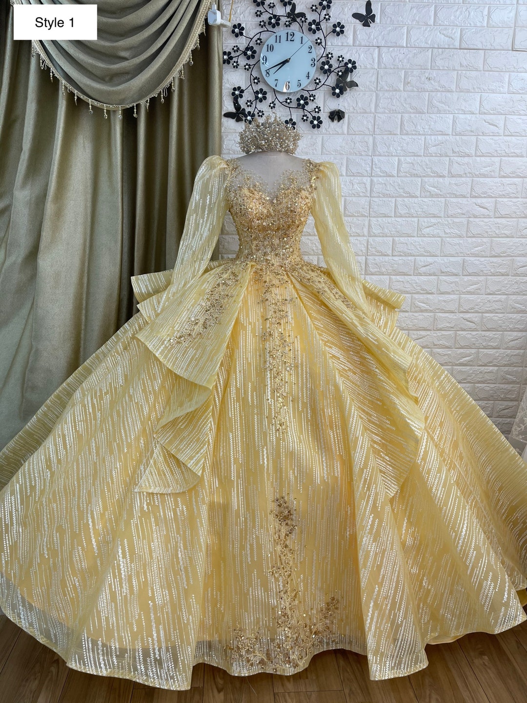Gold ball gown with sleeves deals