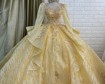 Belle-inspired long or short sleeves yellow/gold sparkly wedding dress with glitter tulle - various styles