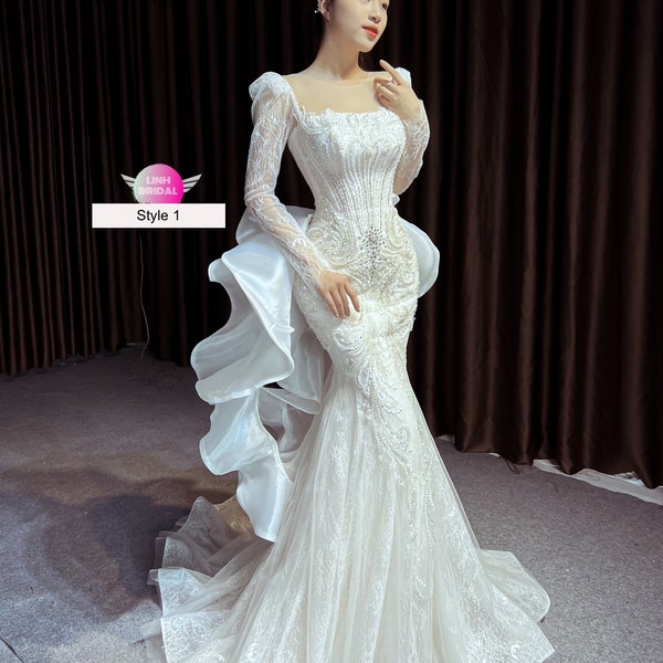 Classy long sleeves sparkly beaded trumpet/mermaid wedding dress with detachable train - various styles