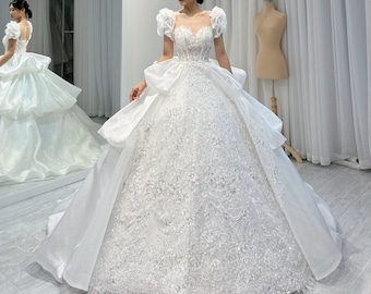 Gorgeous short sleeves illusion sweetheart white sparkle lace ball gown wedding dress - various styles