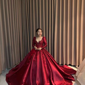 Extravagant Red Satin Ball Gown Wedding/prom Dress With Red Flower and ...