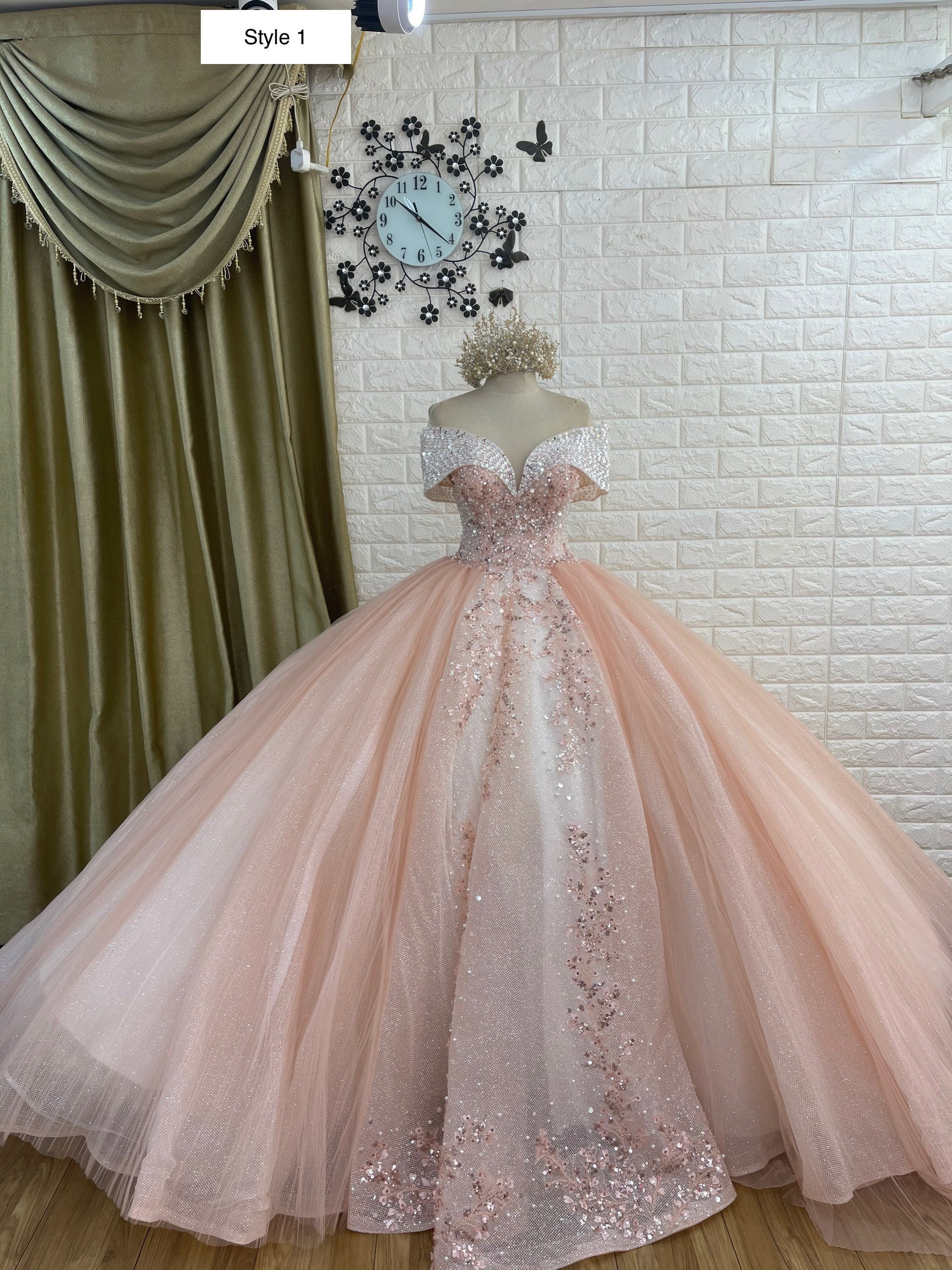 Drop Sleeves Beaded Lace Ball Gown ...